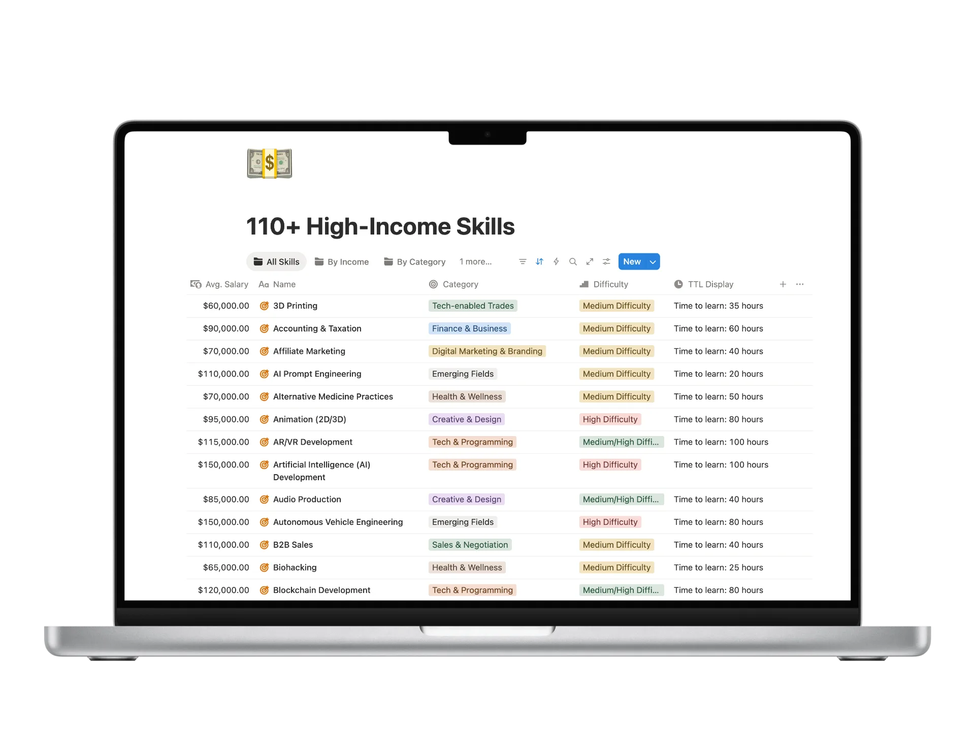 110+ High-Income Skills Notion database preview